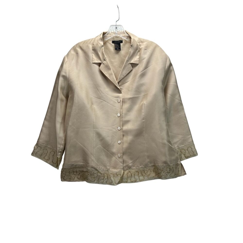 Anne Carson 100% Silk Blouse Vintage Beaded Floral Sheer Embroidery Cream L - Picture 2 of 9
